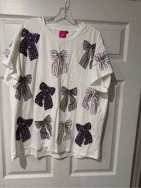 Women’s White Tee with Purple Bow Sequin Design